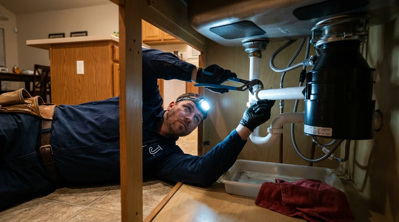 P-trap and supply line connections under a kitchen sink showing a common leak point in Stevens Point, WI